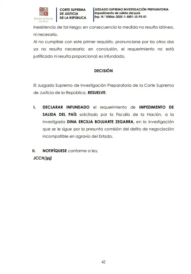  Resolución del Poder Judicial que rechaza pedido de impedimento de salida del país contra Dina Boluarte. Foto: difusión   