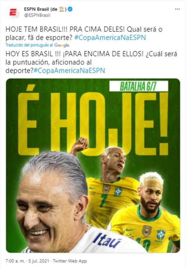 Perú vs. Brasil: ESPN Brasil se mostró confiado en pasar de fase.