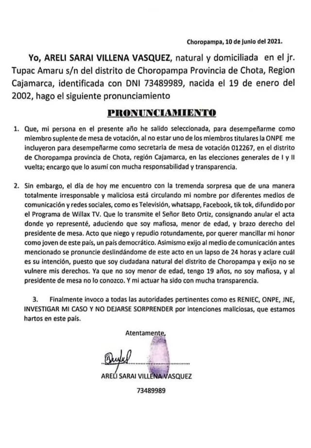 Documento presentado por Arali Sarai Villena Vasquez