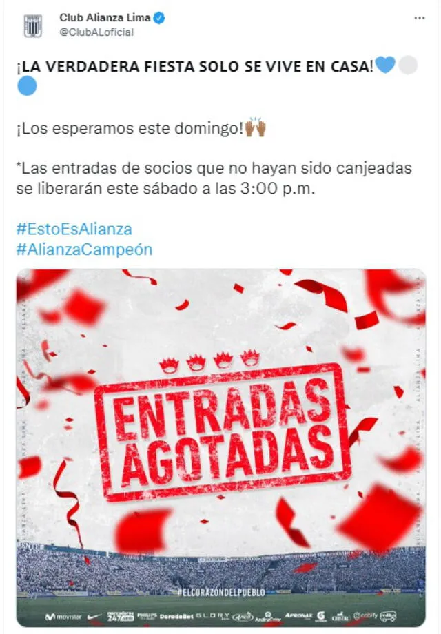 Alianza Lima informó que se agotaron la entradas para el duelo ante Cristal.