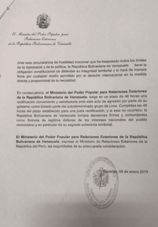 Venezuela envía carta de advertencia a Gobierno del Perú  para que se rectifique en prohibición de ingresar en territorio peruano