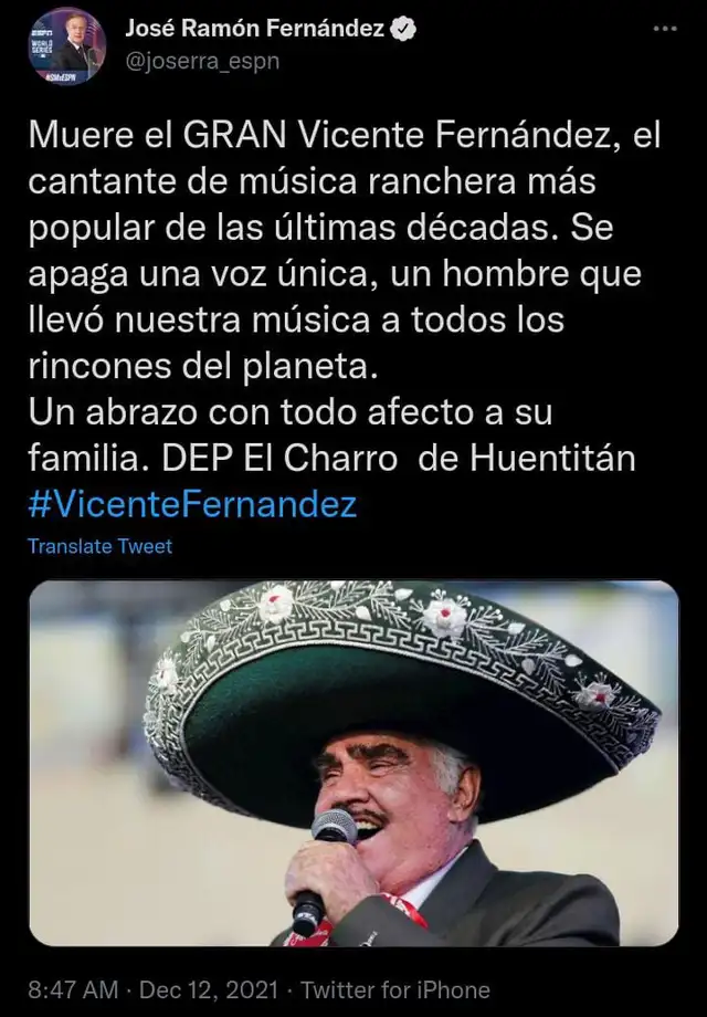 Famosos reaccionan a la muerte de Vicente Fernández. Foto: José Ramón Fernández/ Twitter