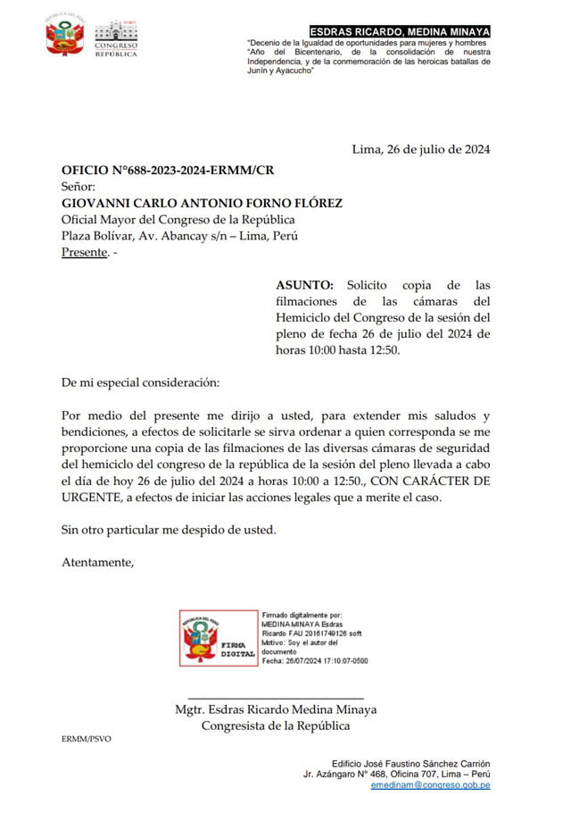  Documento enviado por Esdras Medina al Oficial Mayor del Congreso.   