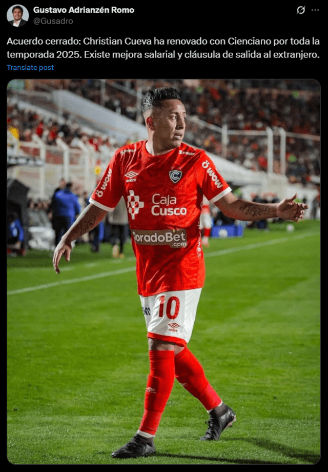 Christian Cueva seguirá en Cienciano por todo el 2025, a menos que se pague su cláusula de salida. Foto: captura de X Christian Cueva seguirá en Cienciano por todo el 2025, a menos que se pague su cláusula de salida. Foto: captura de X