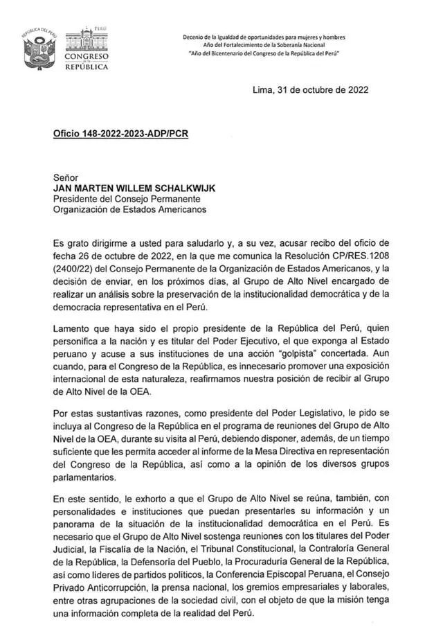 Carta que envió José Williams al presidente del Consejo Permanente de la OEA. Foto: Congreso