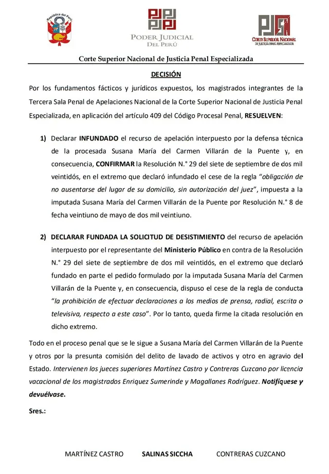  Susana Villarán podrá salir de Lima solo si un juez autoriza. Foto: PJ    