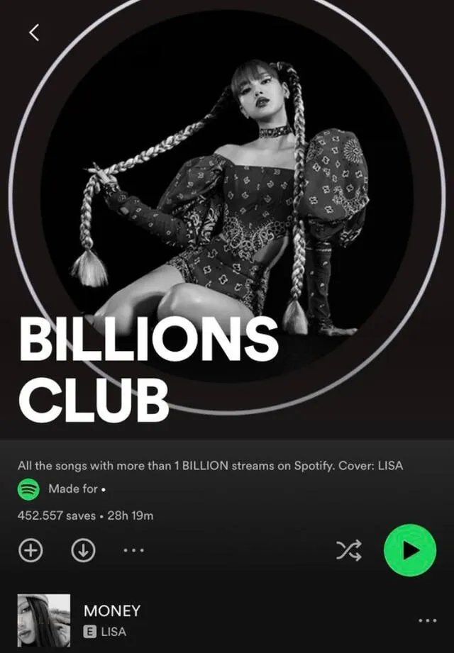  Money de Lisa en el 'Billions Club' de Spotify. Foto: Spotify.   