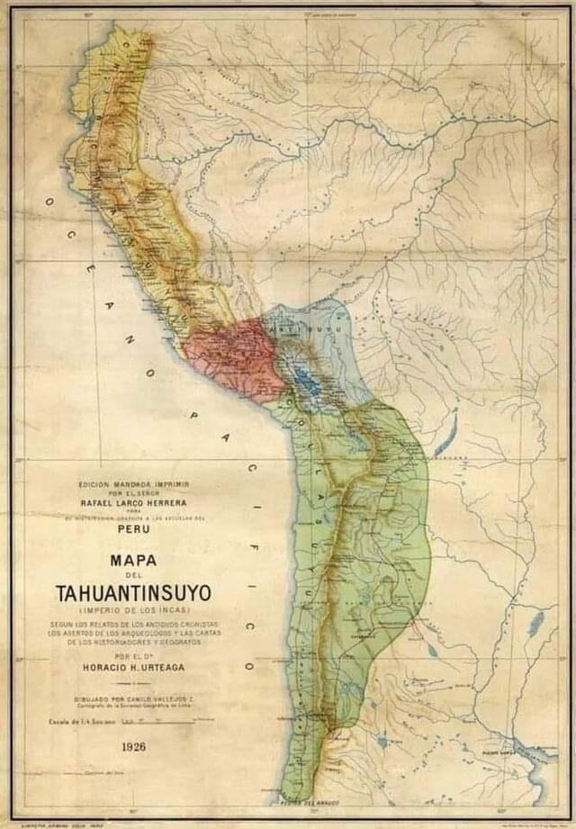  Mapa del Tahuantinsuyo, según los relatos de los antiguos cronistas y las investigaciones de arqueólogos, historiadores y geógrafos. Foto: Urteaga, H. (1926)   