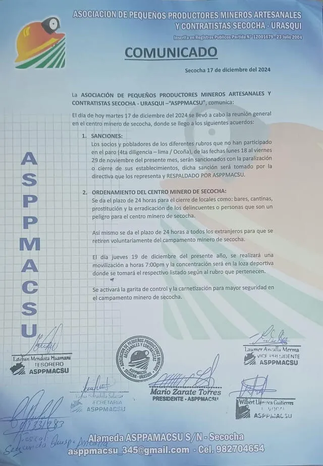  Comunicado de la Asppmacsu. Foto: Asppmacsu.<br><br>    