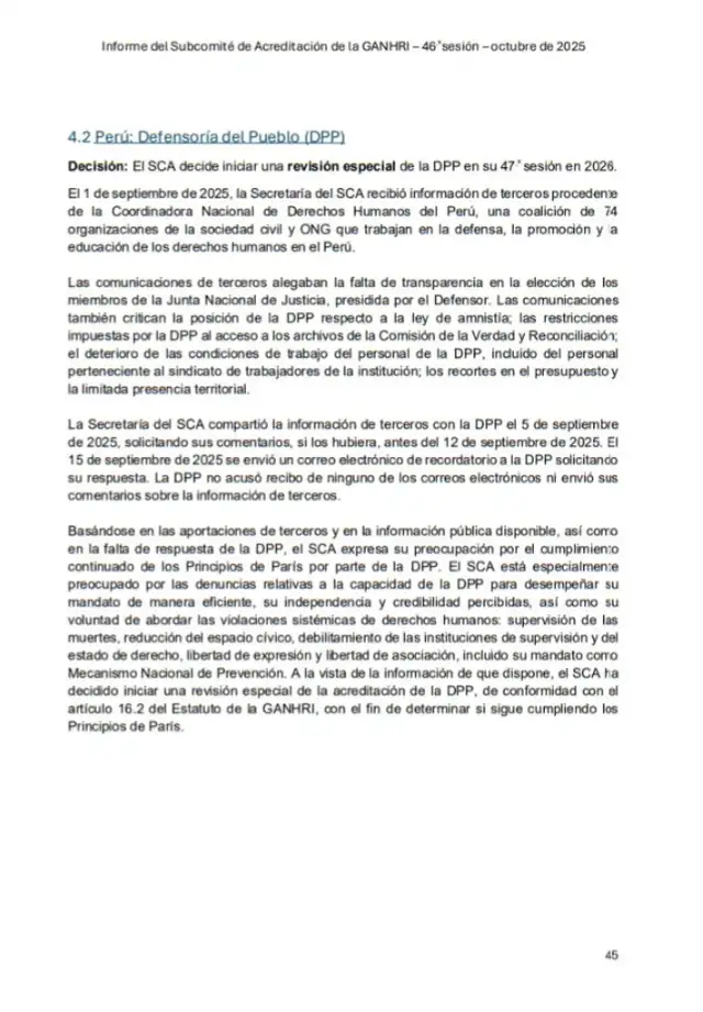  GANHRI examinará si la <strong>Defensoría del Pueblo</strong> mantiene independencia y cumplimiento de los Principios de París. Foto: difusión   