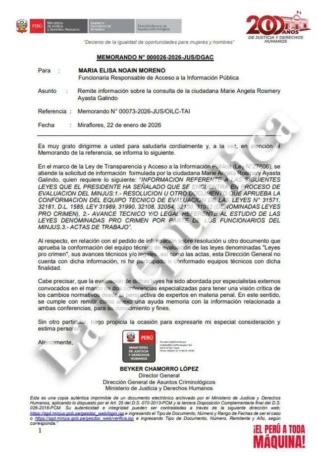 Documento del portal de Transparencia donde señala la inexistencia de comisión encargada de revisar leyes procrimen. Foto: La República Documento del portal de Transparencia donde señala la inexistencia de comisión encargada de revisar leyes procrimen. Foto: La República
