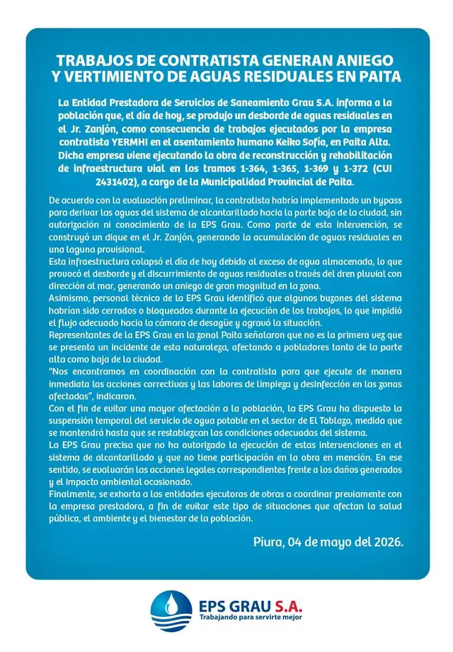 Comunicado de la empresa EPS Grau