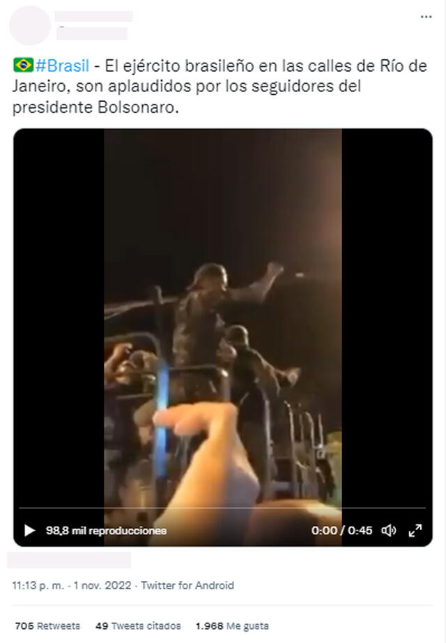 Un post publica un video de militares en calles de Río de Janeiro, Brasil, sin agregar contexto. Foto: captura en Twitter.