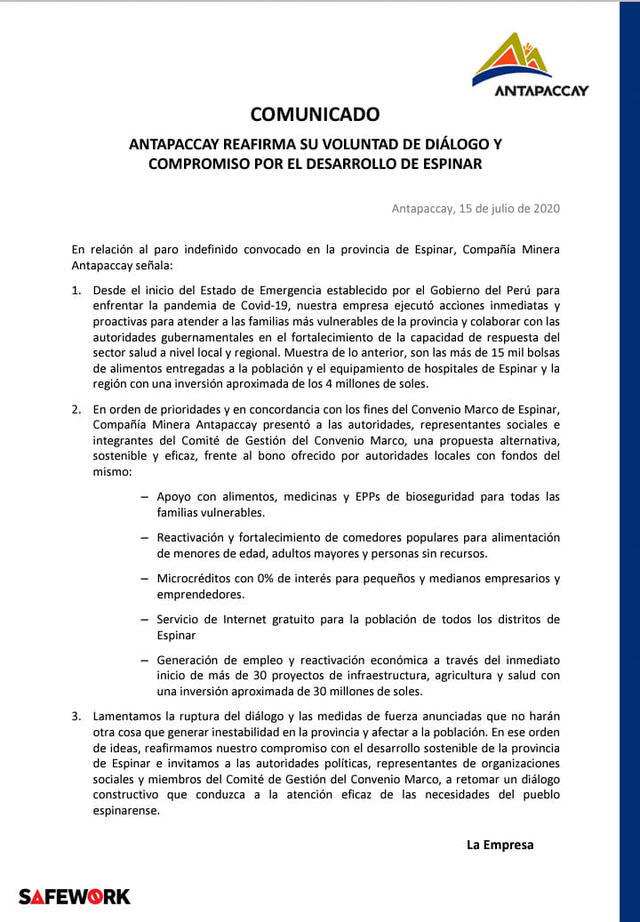 Carta de la Compañía Minera Antapaccay sobre el paro indefinido convocado en la provincia de Espinar, Cusco.