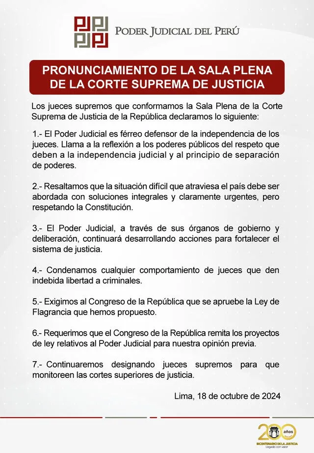 Comunicado del Poder Judicial. Foto: PJ   