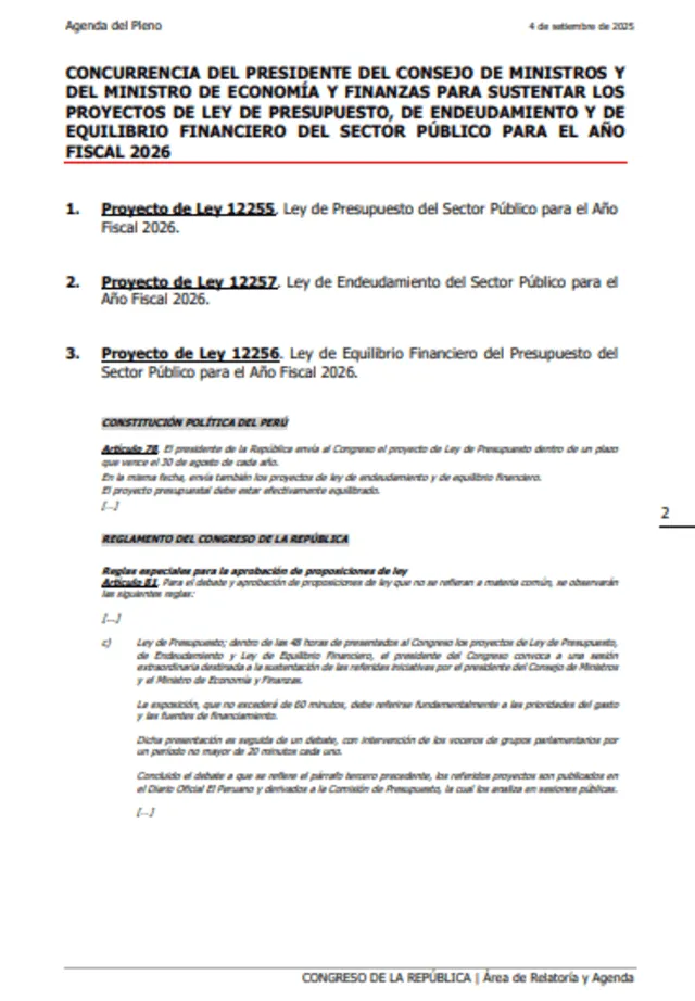 Agenda del Congreso para el jueves 4 de septiembre Agenda del Congreso para el jueves 4 de septiembre