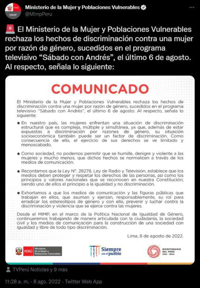 Ministerio de la Mujer emite comunicado contra Andrés Hurtado