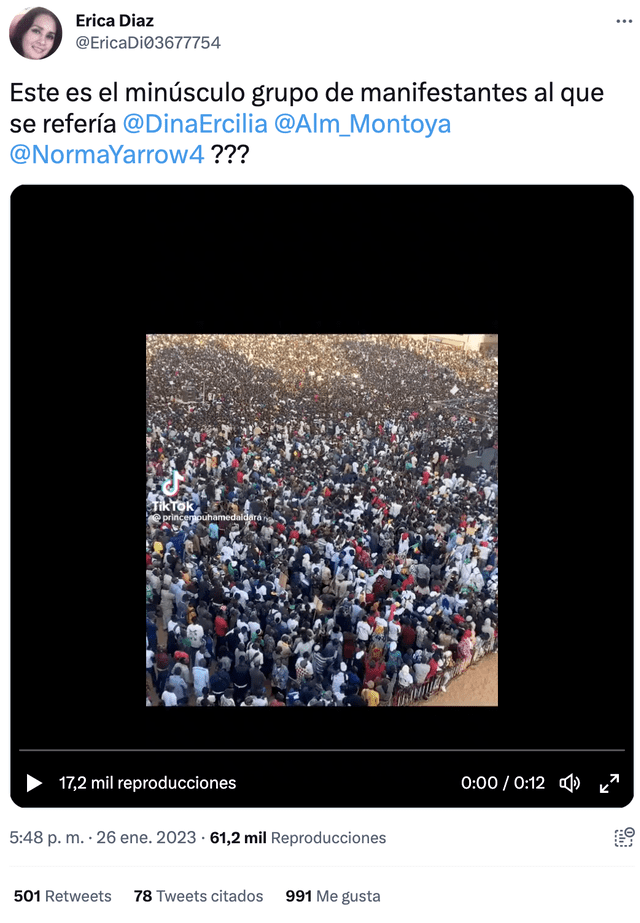 Publicación atribuye falsamente un video a las actuales manifestaciones en Perú Foto: captura de Twitter Publicación atribuye falsamente un video a las actuales manifestaciones en Perú Foto: captura de Twitter