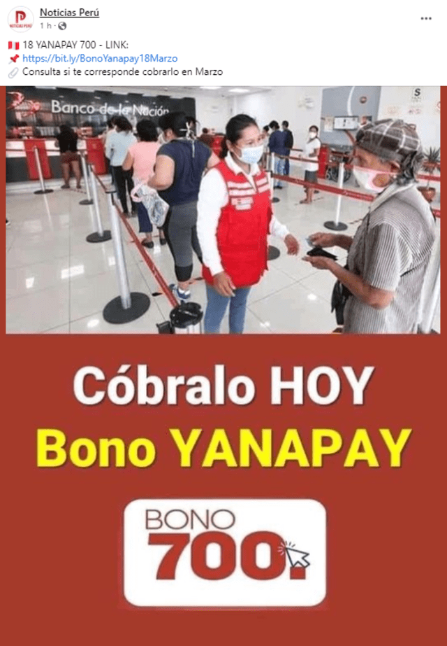  Publicación compartida sobre el supuesto nuevo Bono Yanapay 700. Foto: captura LR/Facebook    