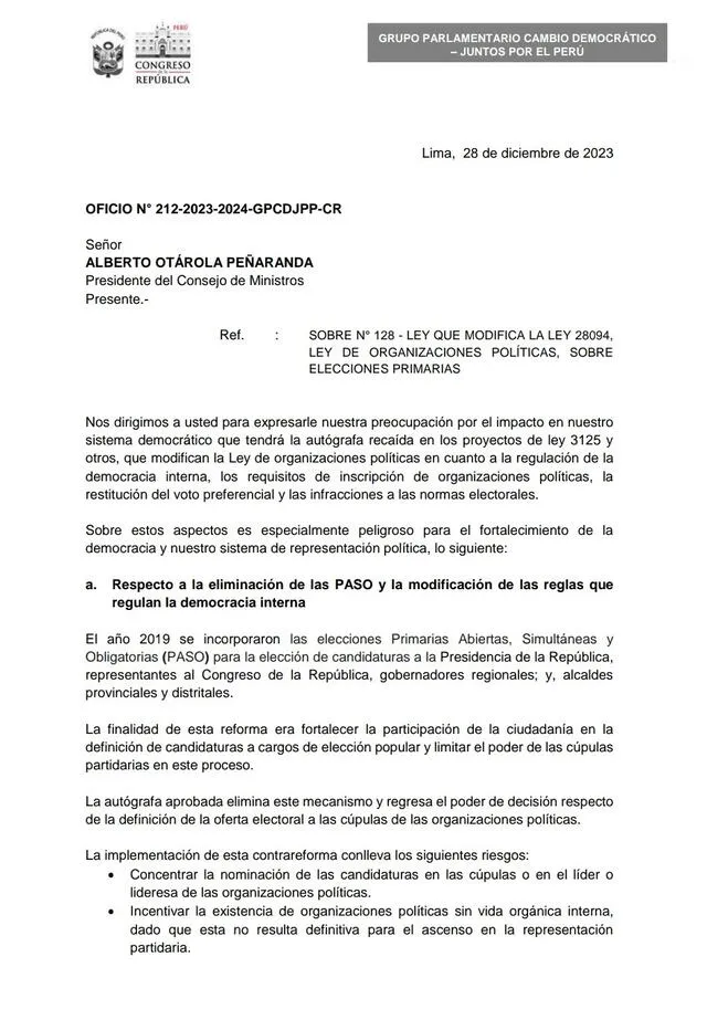  Cambio Democrático envía oficio a Alberto Otárola. Foto: X<br><br>    