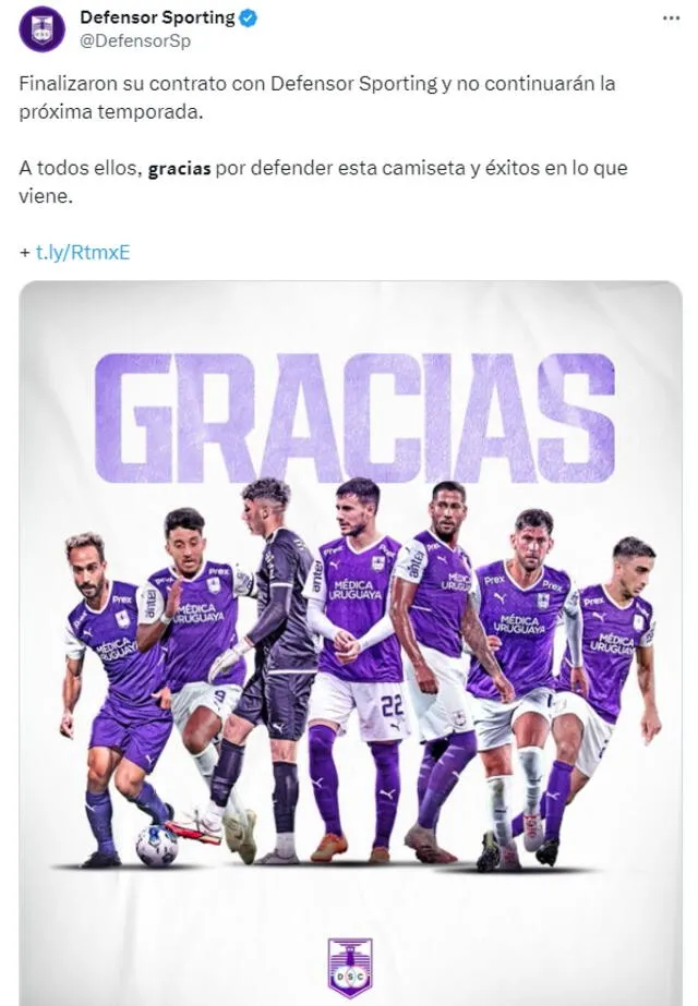 El club violeta optó por no renovar con siete jugadores de su plantel 2023. Foto: captura de Defensor Sporting/X   