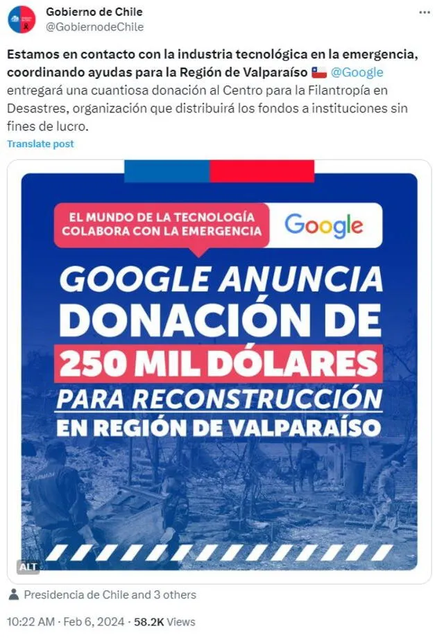 El Gobierno de Chile anunció a través de sus redes sociales la ayuda que les brindará Google. Foto: @GobiernodeChile   