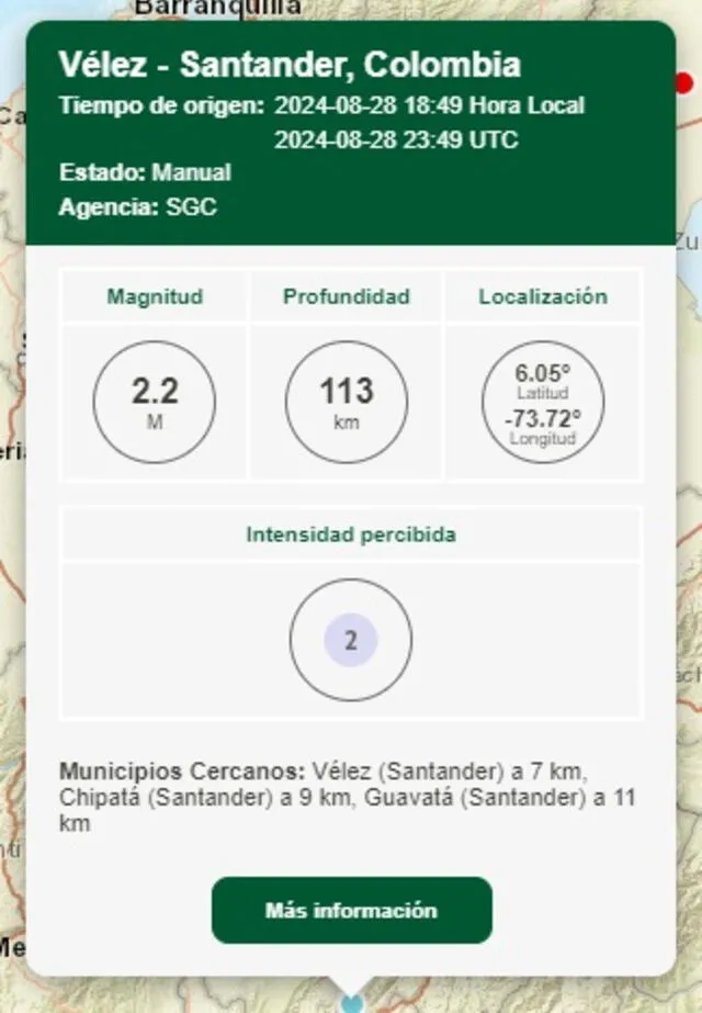 Información del último sismo en Colombia. Foto: SGC 