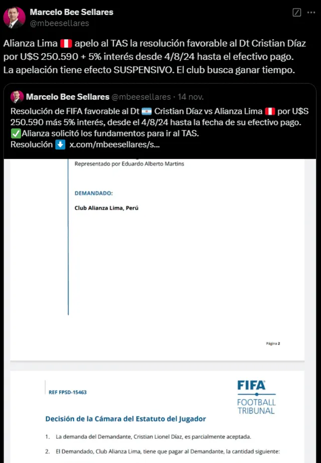  Alianza Lima apeló la resolución de la FIFA a favor de Cristian Díaz. Foto: captura de Twitter/Marcelo Bee Sellares   