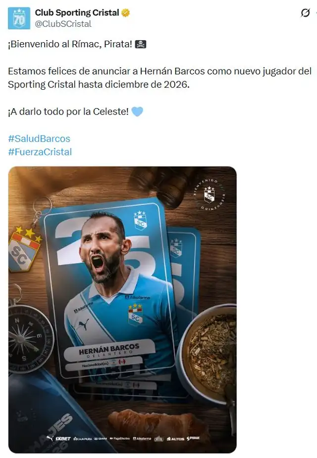 Sporting Cristal oficializó el fichaje de Hernán Barcos. Foto: Sporting Cristal  