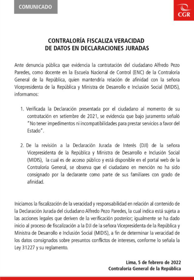 Contraloría General iniciará investigación contra la ministra Boluarte por presunto conflicto de intereses. Foto: documento oficial