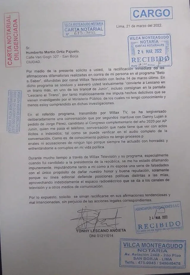 Carta notarial de Yonhy Lescano a Beto Ortiz. Foto: captura de Twitter