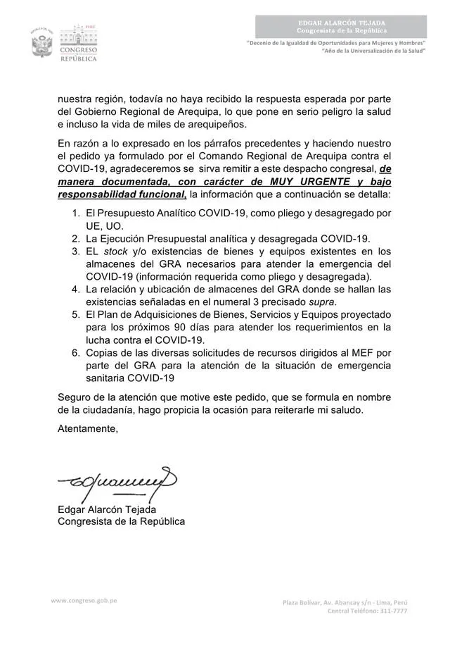 Oficio dirigido a Elmer Cáceres Llica 2.