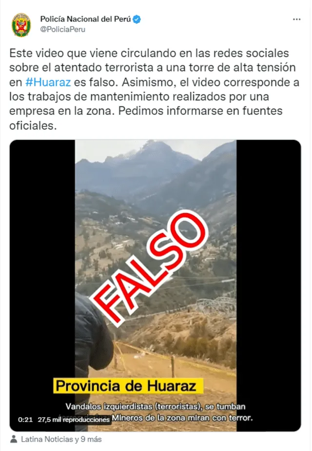 Tweet de la Policía del Perú que desmiente supuesto atentado terrorista