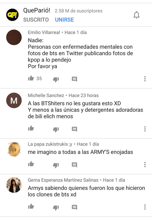 Comentarios ofensivos contra los seguidores de BTS, ARMY, dejados en el video de QueParió! Captura YouTube, 26 de abril, 2020.