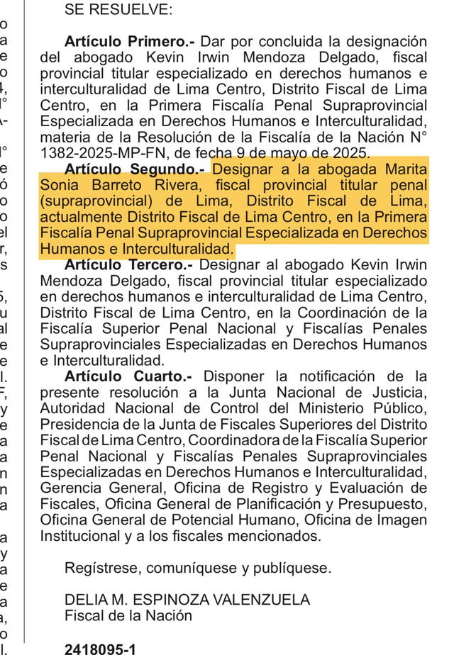 Resolución de El Peruano que autoriza reposición de Marita Barreto como fiscal. Foto: X Resolución de El Peruano que autoriza reposición de Marita Barreto como fiscal. Foto: X
