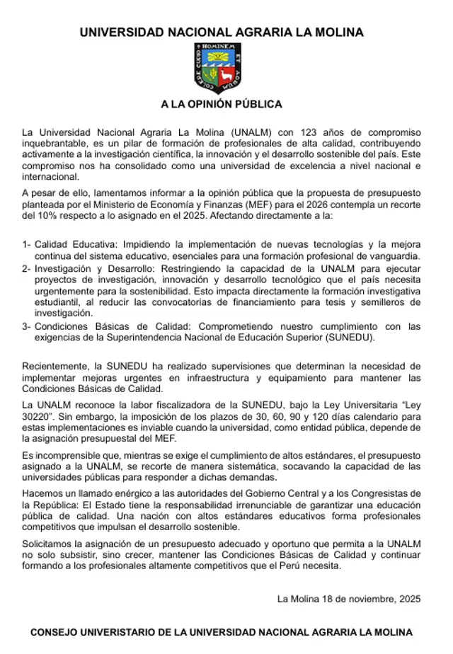 La Agraria emitió un comunicado este 18 de noviembre. La Agraria emitió un comunicado este 18 de noviembre.