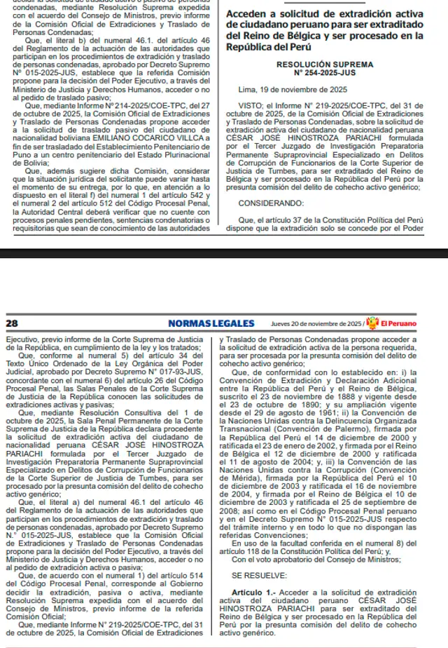 Solicitud de extradición oficializada en el diario El Peruano Solicitud de extradición oficializada en el diario El Peruano
