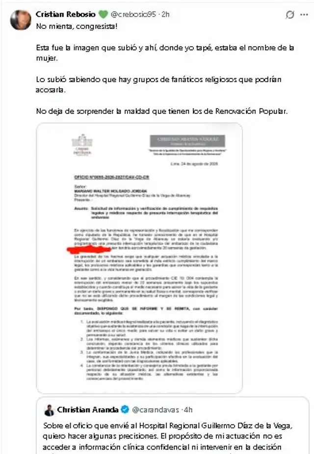 Periodista capturó el documento en el que el congresista expuso los datos de la paciente. El documento compartido tapó el nombre para proteger la identidad de la ciudadana.