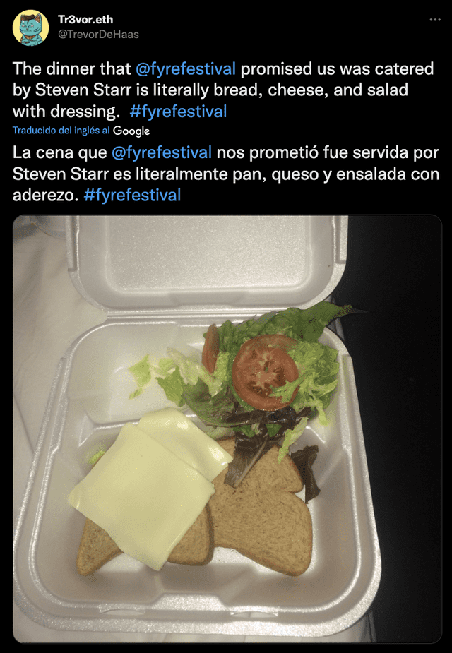 Esta habría sido la comida 'exclusiva' que supuestamente sirvieron en el Fyre Festival. Foto: captura de Twitter