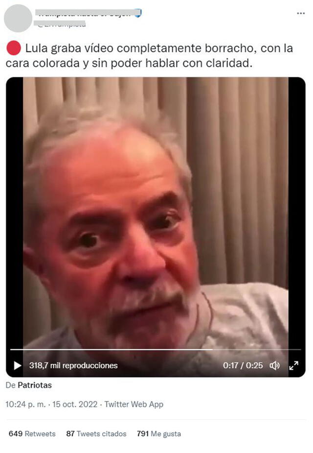 Video adulterado en el que aparece Lula Da Silva colorado. Foto: captura en Twitter.