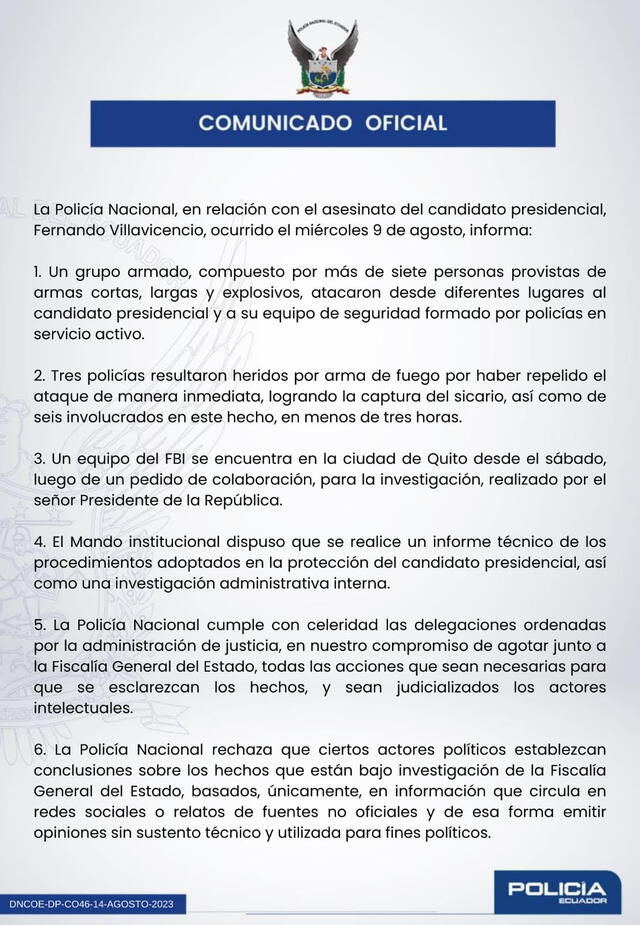 También se indica que personal del FBI se encuentra en Quito colaborando con la investigación. Foto: Policía Ecuador/Twitter