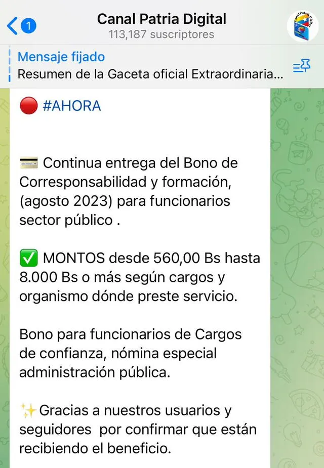 Se confirmó el pago del Bono Corresponsabilidad para agosto 2023. Foto: Canal Patria Digital/ Telegram   