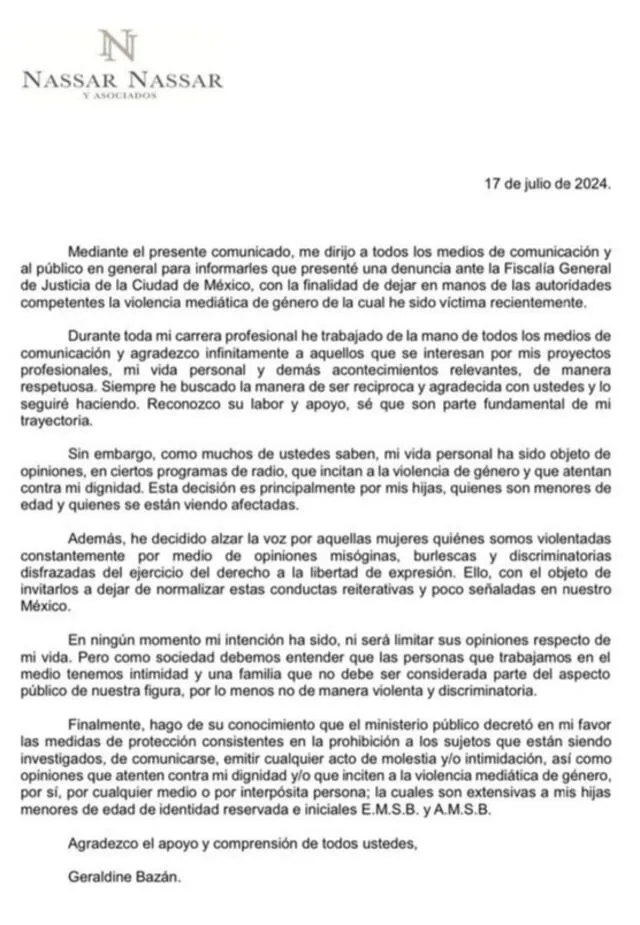  Geraldine Bazán afirmó que las declaraciones de Maxime Woodside atentan contra su dignidad. Foto: Instagram/ Geraldine Bazán   