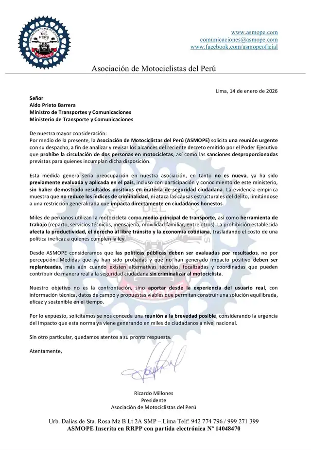  Comunicado de la Asociación de Motociclistas del Perú. Foto: ASMOPE.   