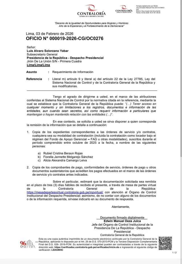  Oficio de la Contraloría General del Perú | Foto: Contraloría.    