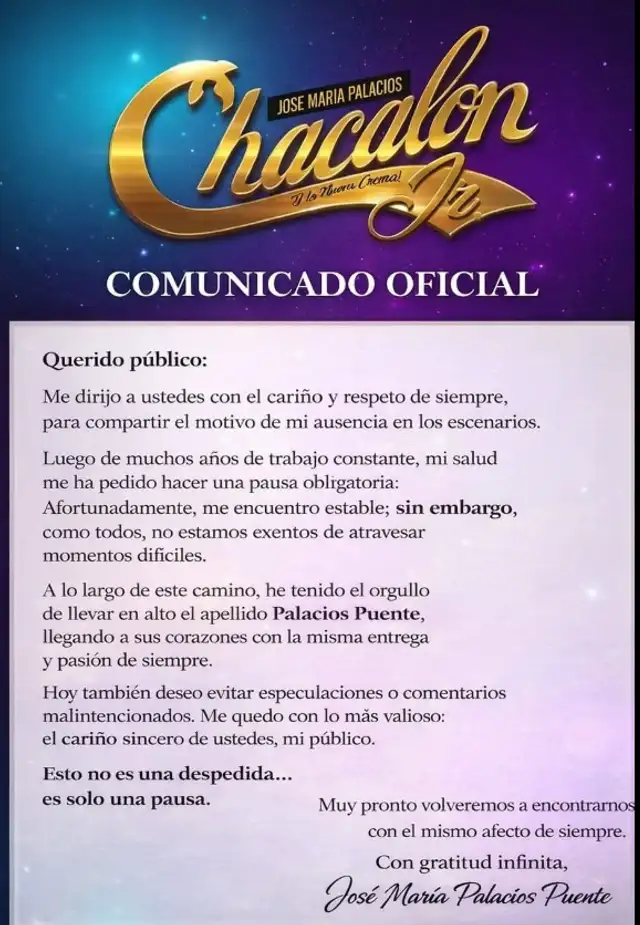 Comunicado de José María Palacios 'Chacalón'. Foto: Facebook.  