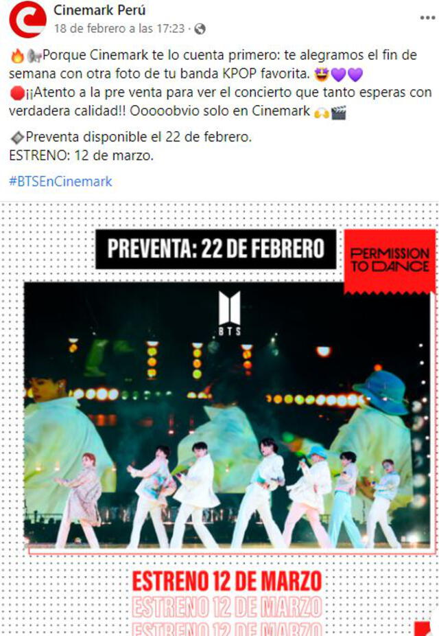 Cinemark: post sobre la transmisión del concierto de BTS. Foto: Facebook