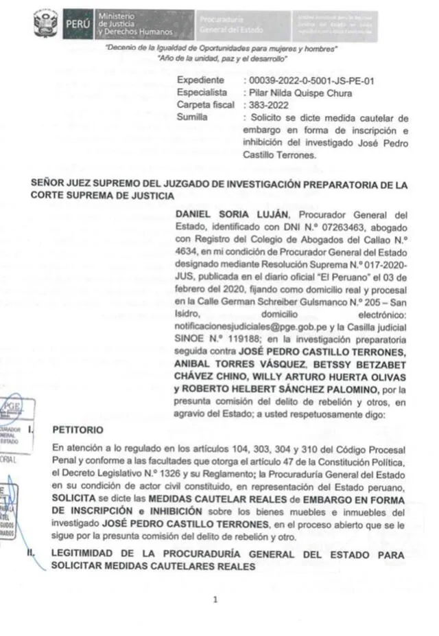 Foto: documento de la PGE sobre embargo de los bienes de Pedro Castillo   