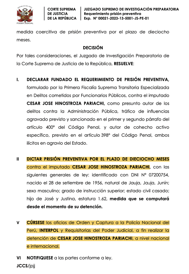 Dictan nueva prisión preventiva contra César Hinostroza.   