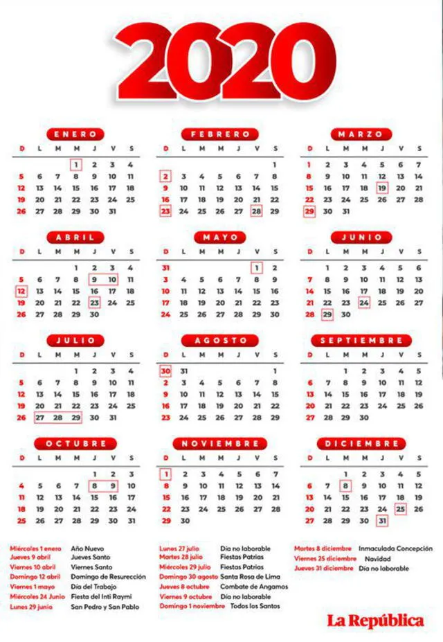 Calendario de feriados y días no laborables del año 2020. Foto: La República.
